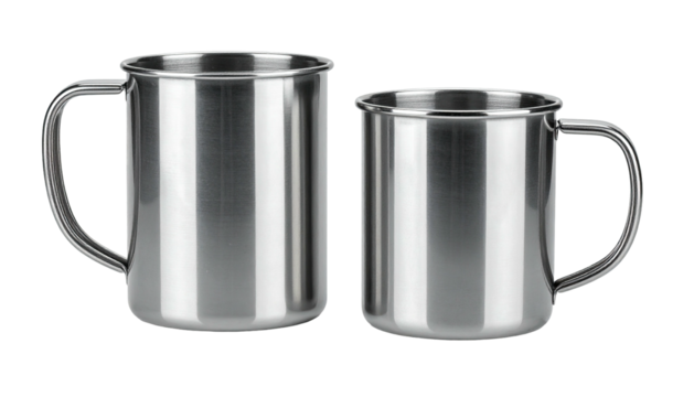 Two shiny stainless steel mugs, differing in height