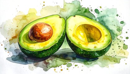Artistic watercolor rendering of two halved avocados with the pit