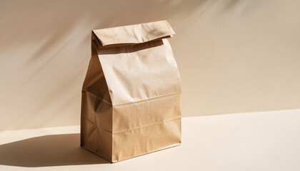 Eco-friendly brown paper bag on beige background with natural sunlight and shadow, minimalist product shot for packaging, delivery, or branding design concept.