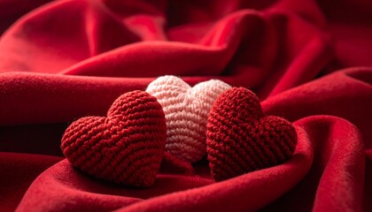 Three crocheted hearts nestled on a lush, velvety red surface