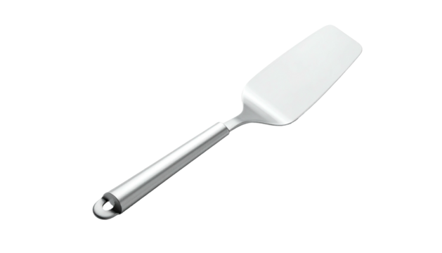 Steel spatula with ergonomic handle lying on a black backdrop
