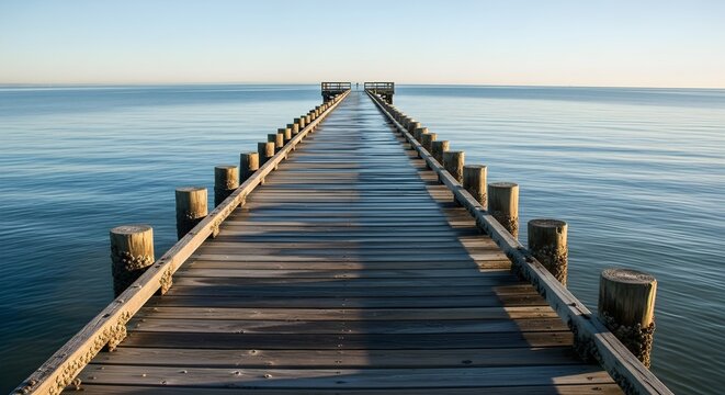 Long wooden pier extending into calm blue ocean waters under a clear sky - Powered by Adobe
