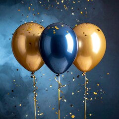 Three shiny balloons float among golden confetti, dark blue smoky background
