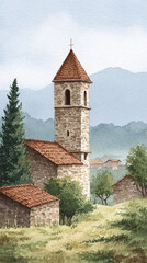 Fototapeta premium Scenic Watercolor Portrayal of a Historic Village Church Tower Surrounded by Lush Greenery and Majestic Mountains, Capturing the Essence of Tranquil Rural Life in Nature's Embrace