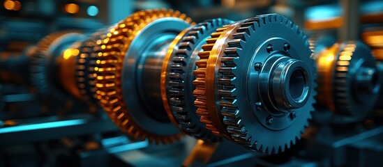 Fototapeta premium Close-up of intricate metal gears in industrial setting.