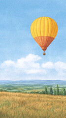 Obraz premium Soar High Above Fields: Experience the Freedom of Hot Air Ballooning Over Scenic Landscapes and Beautiful Horizon Views, Perfect for Adventure Seekers and Nature Lovers