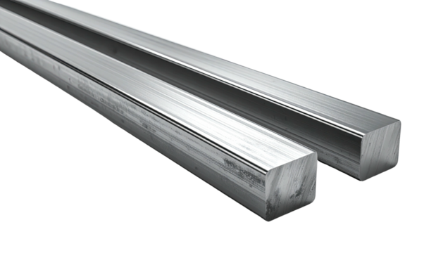 Two metal square bars, close-up, silver, brushed