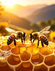 Two bees on honeycomb at golden hour, mountains in the background