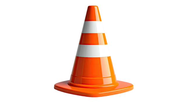Orange traffic cone with white stripes on a black background