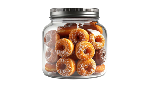 Jar full of golden donuts, dusted with powdered sugar on black