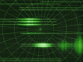 Scanning radar screen with binary overlays and luminous sweep beams.