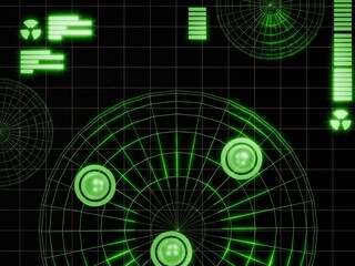Retro radar HUD with glowing green wireframe grid and targets.