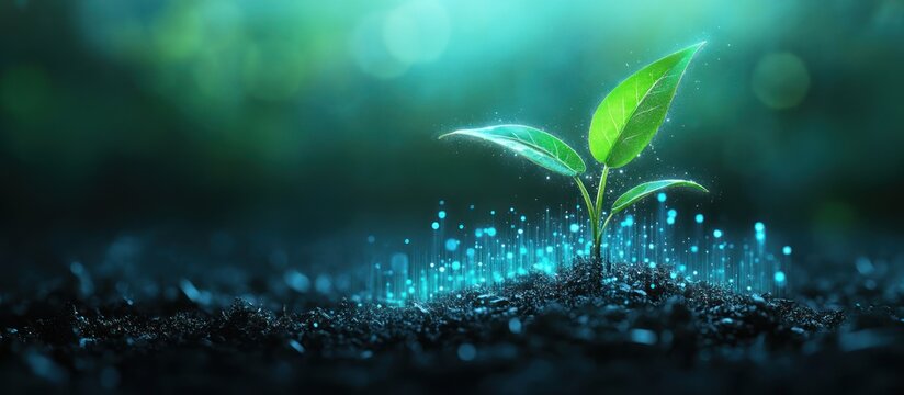 Glowing seedling sprouting from dark soil.