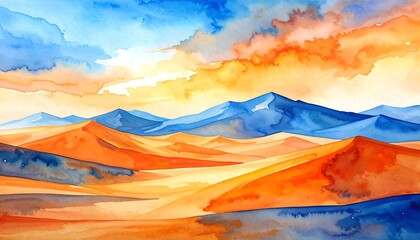Vibrant watercolor painting of desert landscape, mountains, and colorful sky