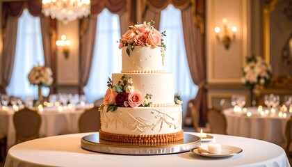 Three-tiered cake with flowers on a round table in a ballroom