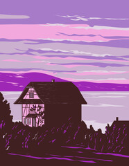 WPA poster art of a rural Swiss chalet in Lake Zug near Arth and the Cham-Zug bay in Schwyz District in canton of Schwyz situated in Switzerland done in works project administration or art deco style.