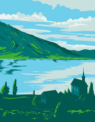 WPA poster art of Lake Zug near Arth and the Cham-Zug bay in Schwyz District in the canton of Schwyz situated in Central Switzerland done in works project administration or art deco style.