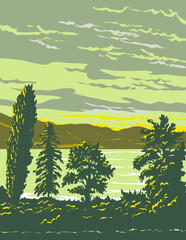 WPA poster art of a rural Swiss chalet in Lake Zug near Arth, Cham and Zug in Schwyz District in canton of Schwyz situated in Switzerland done in works project administration or art deco style.