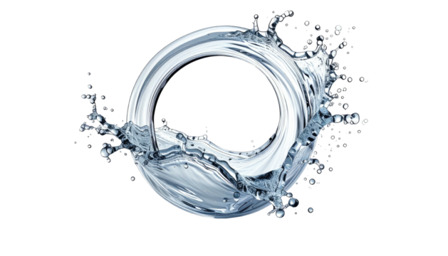 Water forms a circular shape with splashes on a dark backdrop