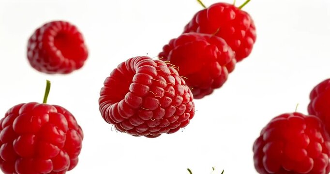 Fresh, vibrant raspberries floating against a white background, showcasing their texture and color