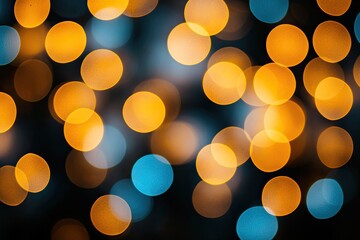 Bokeh lights golden orbs and blue spots on a dark backdrop