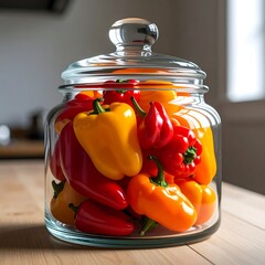 Vivid peppers fill a glass jar, on a wooden countertop near a window