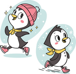 Two cute cartoon penguins wearing pink sneakers and yellow scarves joyfully run. One has a pink beanie, set against a light blue background with snowflakes.