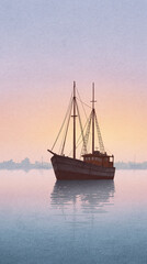 Naklejka premium Explore the Tranquil Beauty of a Sunset-Illuminated Fishing Boat Reflecting in Still Waters at Marina