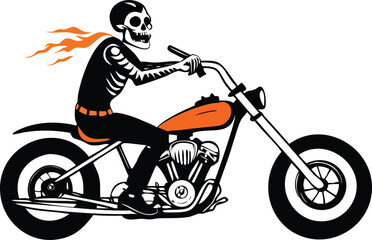 Fototapeta premium A skeleton in a helmet rides a motorcycle with an orange gas tank, flames trailing behind. The skeleton's posture suggests speed and excitement.