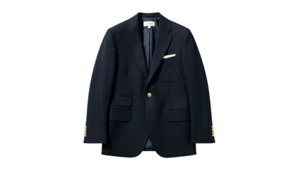Formal navy blue jacket featuring golden buttons and a white pocket square is displayed against a dark background