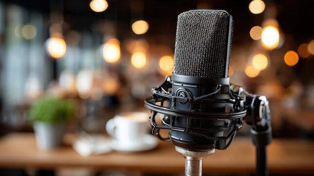 Professional Microphone in Cafe Setting for Podcast or Recording Session