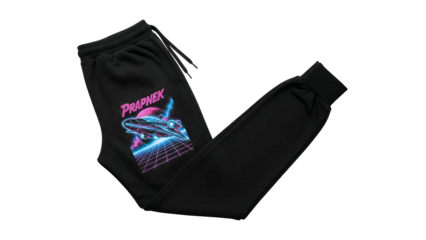 Black athletic pants featuring a neon retro style graphic print on the thigh area