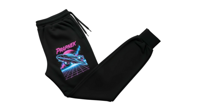 Black athletic pants featuring a neon retro style graphic print on the thigh area