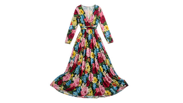 Full length dress featuring a vibrant multicolored floral pattern with long sleeves and a wrap style bodice