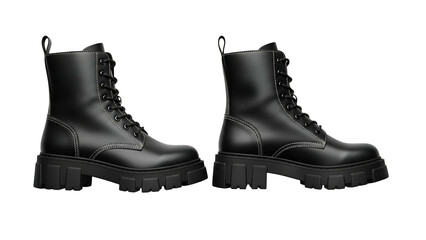 Pair of contemporary black leather lace up boots displayed against a dark background