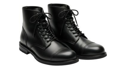 Pair of polished black leather lace up boots displayed against a solid dark background
