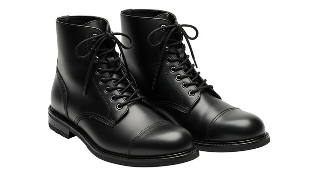Pair of polished black leather lace up boots displayed against a solid dark background
