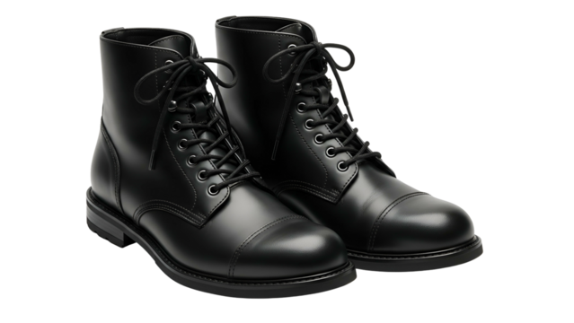 Pair of polished black leather lace up boots displayed against a solid dark background