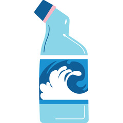 Light Blue Cleaning Fluid Bottle with Wave Graphic and Pink Band on Blue Cap Against Transparent Background