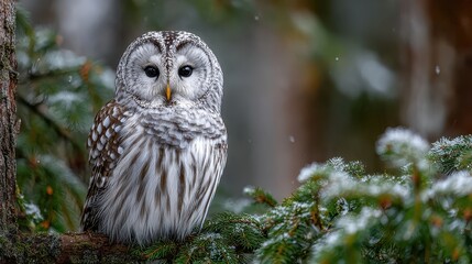 Beautiful Barred Owl Perched on Snowy Evergreen Branch in Winter Forest