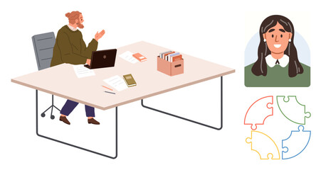 Professional discussing tasks at desk with laptop, documents, and file box, alongside a colleague s portrait and puzzle pieces. Ideal for teamwork, collaboration, organization, planning
