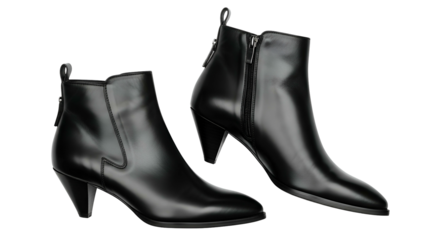 Pair of sleek black leather heeled ankle boots displayed against a dark background