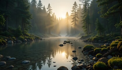 Sunrise over Misty Forest River with Pine Trees and Morning Light