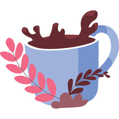 Light Blue Coffee Cup With Splashing Dark Chocolate Beverage and Pink and Brown Decorative Leaves on Transparent Background