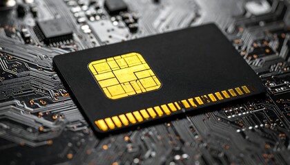 Close-up of a black digital card atop a complex circuit board