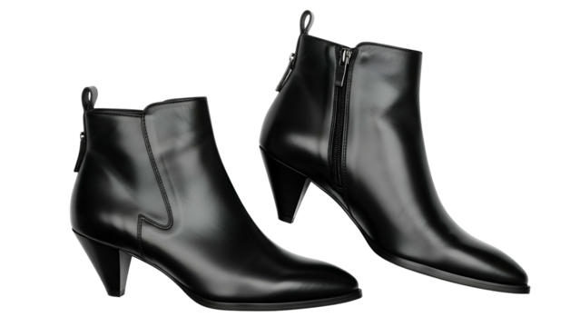 Pair of sleek black leather heeled ankle boots displayed against a dark background
