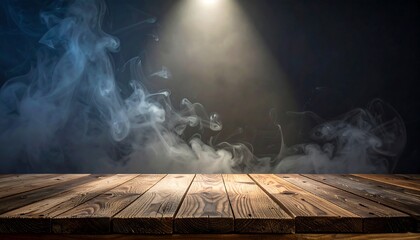 Wooden table lit with stage lighting and swirls of wispy smoke