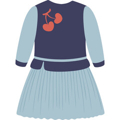 Light Blue Dress With Cherry Design Front Navy Blue Bodice And Pleated Skirt On White Background