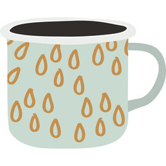 Light Blue Enamel Mug With Abstract Orange Raindrop Pattern And Black Coffee Inside On Transparent Background Simple Vector Illustration