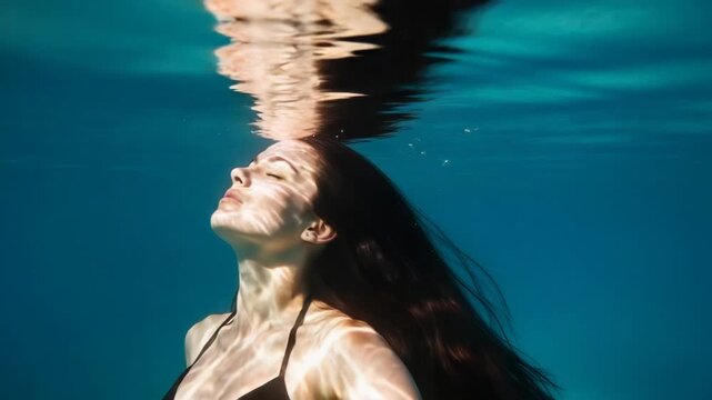 Beautiful woman with long hair submerged underwater in a serene blue pool